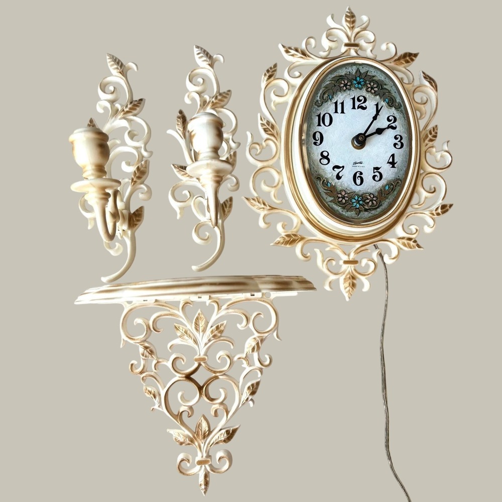 Vtg Spartus Wall Clock Shelf Sconces Set‎ 4pc Hollywood Regency Gold Cream 60s